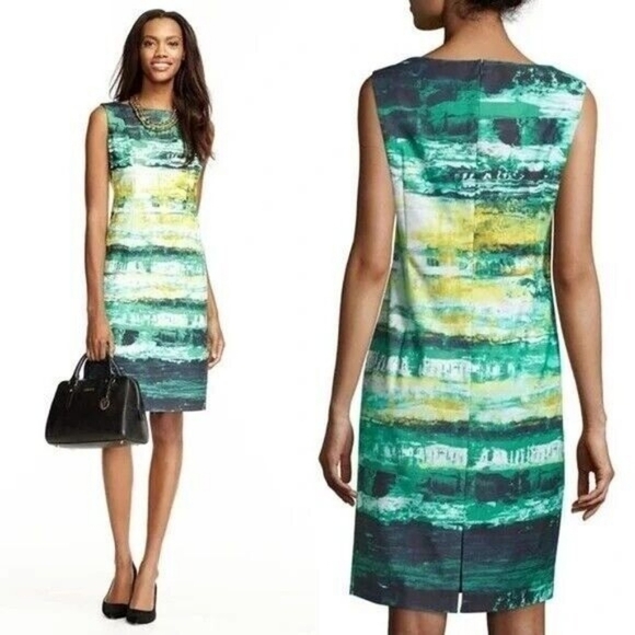 Lafayette 148 Printed Green Multi Sheath Mini Sleeveless Dress Size 10 Women's - Picture 1 of 16